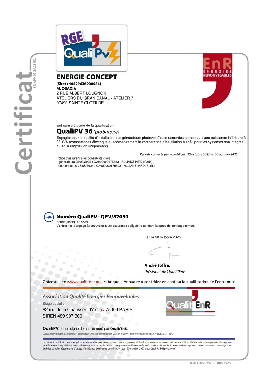 Certificat RGE QualiPV délivré à Energie Concept par Qualit'EnR, numéro QPV/82050